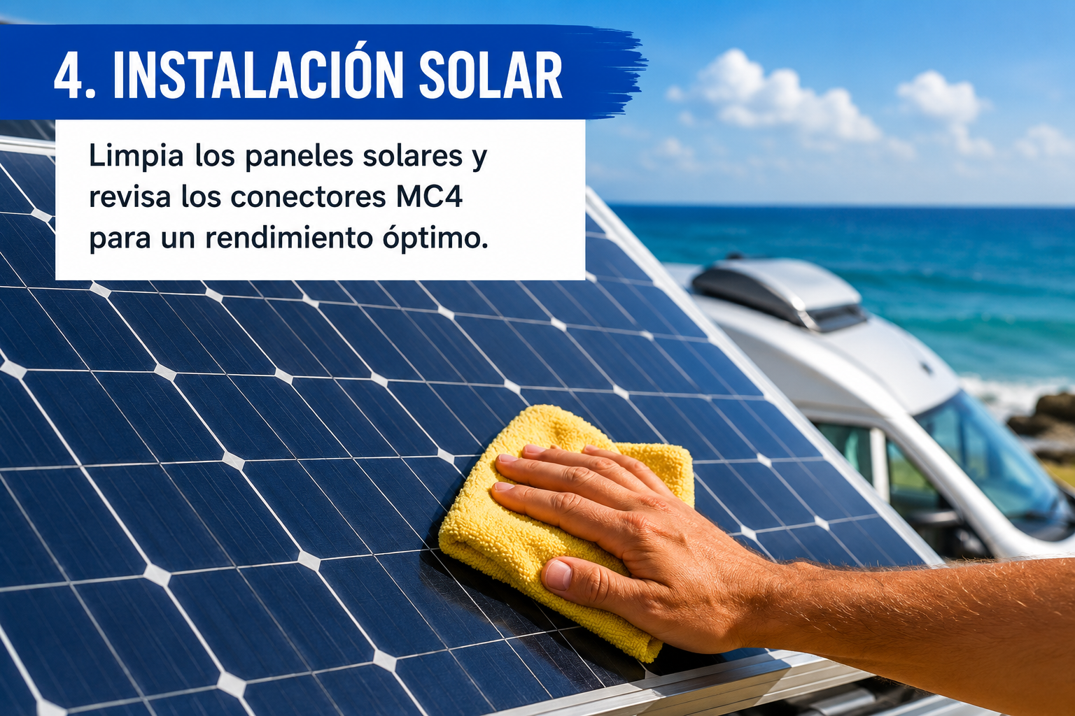 Limpieza de paneles solares y revisión de conectores MC4 antes de un viaje